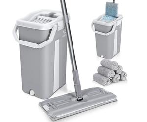 VOUNOT Flat Mop and Bucket set, 2-in-1 Hands Free Squeeze Mop User-Friendly Design, Includes 6 Reusable Microfiber Mop Pads, Grey