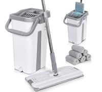 VOUNOT Flat Mop and Bucket set, 2-in-1 Hands Free Squeeze Mop User-Friendly Design, Includes 6 Reusable Microfiber Mop Pads, White