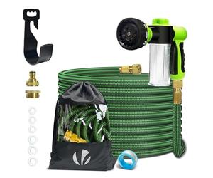 VOUNOT Flexible Garden Hose, 15 m, Flexible Water Hose, Expandable with 8 Spray Functions, Detergent Container, Quick Adapters and Wall Mount, Green