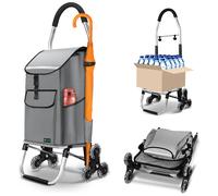 VOUNOT® Folding Shopping Trolley on 6 Wheels, Aluminium Lightweight Shopping Cart with Insulated Cooling Bag, 2 Hooks, 2 Side Pockets, Stair Climbing Grocery Trolley, 58L Grey