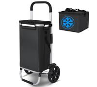 VOUNOT® Folding Shopping Trolley, Aluminium Lightweight Shopping Basket with Insulated Cooling Bag, Waterproof Fabric, Mudguard Stair Climbing Wheels Grocery Trolley, 58L Black