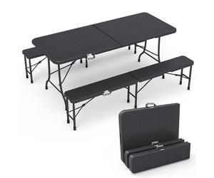 VOUNOT Folding Table Bench Set Trestle Portable Party Picnic BBQ Camping Set, Black