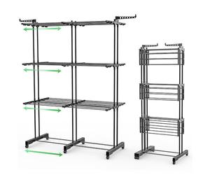 VOUNOT® Large Capacity 4 Tier Clothes Airer, Extendable Laundry Drying Rack Stainless Steel Clothes Horse with Foldable Wings, Telescopic Rod for Indoor Outdoor, Black