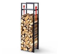 VOUNOT® Log Store Firewood Storage Rack with Adjustable Height 120/145/170 cm, Metal Wood Holder with Integrated Shelf, Heavy Duty Vertical Log Stand for Indoor and Outdoor Firewood Storage, Black