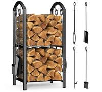 VOUNOT® Log Store with Fireplace Tools, 2 Tier Metal Firewood Rack Indoor Outdoor, Heavy Duty Log Holder for Firewood Storage, Log Burner Accessories Set with Poker, Tongs, Shovel and Brush, Black