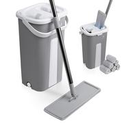 VOUNOT Mop Set with Bucket, Floor Mop for Wring Function, Flat Microfibre & Cleaning Set with Stainless Steel Handle, 6 Reusable Mop Replacement Covers, All Types of Floors, Grey
