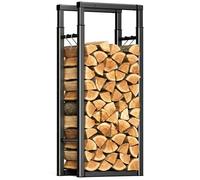 VOUNOT Outdoor Metal Log Shelf, Firewood Shelf, Log Rack with Hooks, 65 x 25 x 150 cm, Black