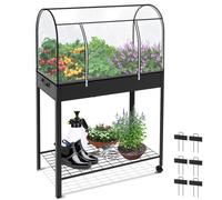 VOUNOT Raised Garden Bed, Mobile Metal Planter with Cover, Wheels, Bottom Shelf