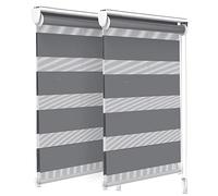 VOUNOT Set of 2 Zebra Roller Blind Double Fabric, Day and Night Translucent or Blackout Vision Curtains, No Drilling for Window and Door, Grey, 50 x 150 cm