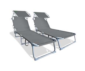 VOUNOT Set of 2 Folding Sun Loungers with Adjustable Backrest & Sunshade, Load 110 kg, Grey