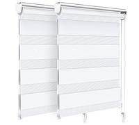 VOUNOT Set of 2 Zebra Roller Blind Double Fabric, Day and Night Translucent or Blackout Vision Curtains, No Drilling for Window and Door, White, 80 x 150 cm