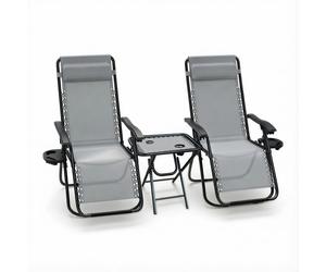 VOUNOT Set of 2 Zero Gravity Chair & Matching Table Reclining Sun Loungers Grey