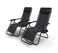 VOUNOT Set of 2 Zero Gravity Chairs Garden Sun Loungers Cup/Phone Holder Black