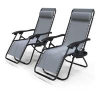 VOUNOT Set of 2 Zero Gravity Chairs, Garden Sun Loungers with Cup and Phone Holder, Grey