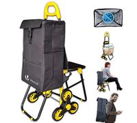 VOUNOT Shopping Trolley 2920551186532, 35L Waterproof, 6 Wheels Stair Climbing, Foldable Utility Cart with Seat, 95KG Weight Capacity, Black&yellow