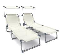 VOUNOT Textilene Folding Sun Loungers Set of 2 with Backrest & Sunshade, Beige