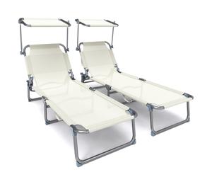 VOUNOT Textilene Folding Sun Loungers Set of 2 with Backrest & Sunshade, Beige