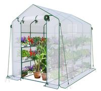 VOUNOT Walk In Greenhouse with Shelves, Roll up Zip Panel Door Garden Plastic Polytunnels Grow House, White 143x215x195cm