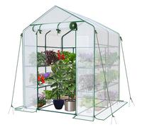 VOUNOT Walk In Greenhouse with Shelves, Roll up Zip Panel Door Garden Plastic Polytunnels Grow House, White 143x143x195cm