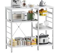 vovala Baker’s Rack, Microwave Oven Stand with Bamboo Frame, 35.4" Coffee Bar with Wire Basket & 6 Hooks, 3-Tier Kitchen Storage Shelf Stand for Kitchen, Living Room, Office, White