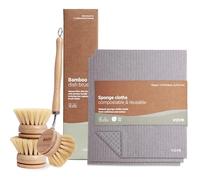 Vove | Cleaning bundle | 3 Sponge cloths & Bamboo dish brush with 2 replacement heads | Eco-Friendly Cleaning Bundle | Natural Fiber | Plastic Free | Washing up brush | Multi cleaning cloth
