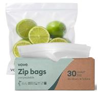 Vove Compostable 1 Litre Resealable Food Bags, 30 Pack - PFAS-Free, BPI Certified, Freezer-Safe with Airtight Seal for Leftovers & Meal Prep, Plant-Based