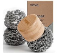 Vove Magnetic Scourer - Rust-Free Stainless Steel Scrubber with FSC-Certified Bamboo Handle, 3 Replacement Pads, for Cast Iron, Pots & Pans, Plastic-Free Zero Waste Washing Up Tool