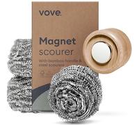 Vove Magnetic Scourer, Stainless Steel Pads with FSC-Certified Bamboo Handle, 3 Spare Pads, Neodymium Magnet, for Cast Iron, Pots & Pans, Grills, Plastic-Free, Eco-Friendly Washing-Up
