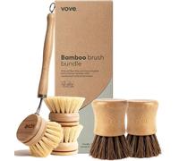 Vove Plastic-Free Washing Up Brush Bundle, Bamboo Dish Brush and Scrub Brush with 3 Replacement Heads, FSC-Certified Bamboo with Natural Fibre Bristles, Zero-Waste Kitchen Cleaning Set