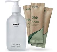 Vove Washing Up Liquid Starter Set with Refillable Glass Pump Bottle & 3 Refills, Bergamot Mint & Basil, Powder-to-Gel, Plant-Based Concentrated Formula, Plastic-Free Packaging