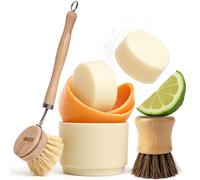Vove Washing Up Soap, 2 Bars 2 Bamboo/Sisal Brushes 1 Ceramic Cup, Coastal Citrus Mint: Mandarin/Spearmint/Cypress/Bergamot Oils, Plant-Based Coconut Soap, FSC Bamboo, Plastic-Free