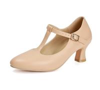 Voviggiw Women 1920s Shoes T-Strap Dance Pumps for Latin Salsa Ballroom Character Shoe Folklorico Flamenco Tango Swing, Apricot, 4 UK