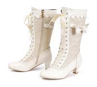 Voviggiw Women Vintage Victorian Boots Mid Calf Granny Boots Zipper Costume Renaissance Shoes Mid Heel Wedding Dress Boots with Bows Beige Mark Size 43