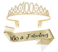 Vovii 100th Birthday Sash and Tiara, 100th Birthday Gifts for Women, 100th Birthday Decorations for Women, Happy 100th Birthday Decorations, 1 Count (Pack of 1), gold-plated metal, gold glitter fabric