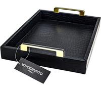 VOVOGERATTO Black Serving Tray with Handles, Large Alligator Faux Leather Decorative Tray, Coffee Table, Ottoman Rectangular Trays for Home Decor, for All Occasions,16" x 12"