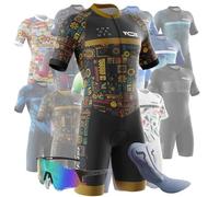 VOXCAUTQ Men's Cycling Skinsuit Gel Padded,Triathlon Suit Men’s,Men's Triathlon Tri Suit Short Sleeve Cycling Skinsuit with 3 Rear Pockets Quick-Drying (Typ-12,L)