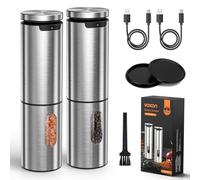 VOXON Electric Salt and Pepper Grinder Set - Rechargeable Stainless Steel Pepper Grinder with Durable Metal Container, One-Hand Operation, 5 Grind Settings & LED Light, Gift Sets, Silver