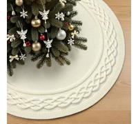 VOXOR 90 CM Christmas Tree Skirt, Chunky Knitted Tree Skirt with Bow Tie Closure, Cream Vintage Tree Skirts for 4 & 5 & 6 Feet Trees, Christmas Decorations for Home Living Room
