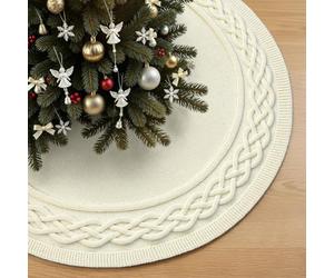 VOXOR 90 CM Christmas Tree Skirt, Chunky Knitted Tree Skirt with Bow Tie Closure, Cream Vintage Tree Skirts for 4 & 5 & 6 Feet Trees, Christmas Decorations for Home Living Room