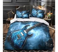 VOXYTMLWG 3D Print 3PCs Bedding Set Bedroom Decor Zipper Closure Super Durable Electric Guitar Quilt Cover Hotel Quality for Teenagers,Youth,Women blue Flame Comforter Cover King（220x240cm）