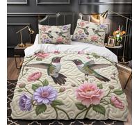 VOXYTMLWG Hummingbirds in garden 3D Print Comforter Cover 3pcs 100% Microfibre Skin-Friendly Floral design Duvet Cover 2 Pillow Shams Zippered Closure Lightweight Family Guests Double（200x200cm）