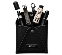 Voyaajer Noir 5 Piece Essential Set | 2-Black 5ML Refillable Cologne-Perfume Atomizers | 1-Black Vegan Leather Case | 1-Beige Lip Balm Sleeve Holder | 1-Nail Clipper | Reusable and TSA Compliant.