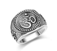 VOYADE S925 Sterling Silver Sanskrit Seal Ring Men's Buddhism Fudo Ming Wang Word Seal Ring Thai Silver Vintage Jewelry,Silver,9
