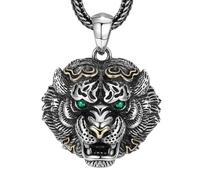 VOYADE S925 Sterling Silver Tiger Head Green Eyes Pendant, Men's Tiger Head Sterling Silver Pendant Necklace,Silver,Single Pendant