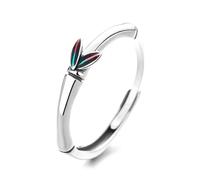VOYADE S925 Sterling Silver Vintage Drip Gel Coloured Glaze Ring with Bamboo Leaf Rustic Small Fresh Open Ring,Silver,9
