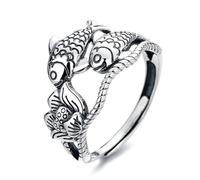 VOYADE S925 Sterling Silver Vintage Ethnic Ring with Koi Lotus Flower Hollow Out Personalised Open Ring,Silver,8