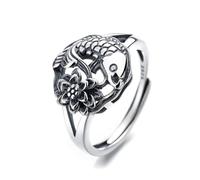 VOYADE S925 Sterling Silver Yearly Lotus Ring, Vintage Ethnic Carp Live Couple Ring,Silver,10