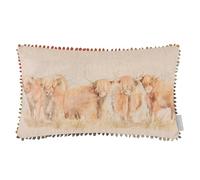 Voyage Maison Highland Cattle Feather Filled Cushion - Linen Blend Hand-Painted Watercolour British Countryside Design (Multicolour - 30x50cm)