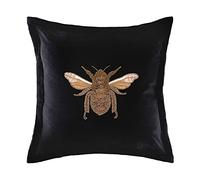 Voyage Maison Layla Feather Filled Cushion - Velvet Embroidered Bee Gold Oxford Edge Ikon Luxury Décor (Black - 50x50cm)
