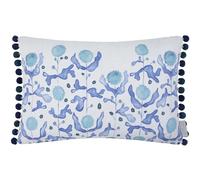 Voyage Maison Mariani Cushion Cover - Coastal Floral Watercolour Printed Cotton Linen Pom Pom Trim Decorative Case (Cobalt - 40x60cm)